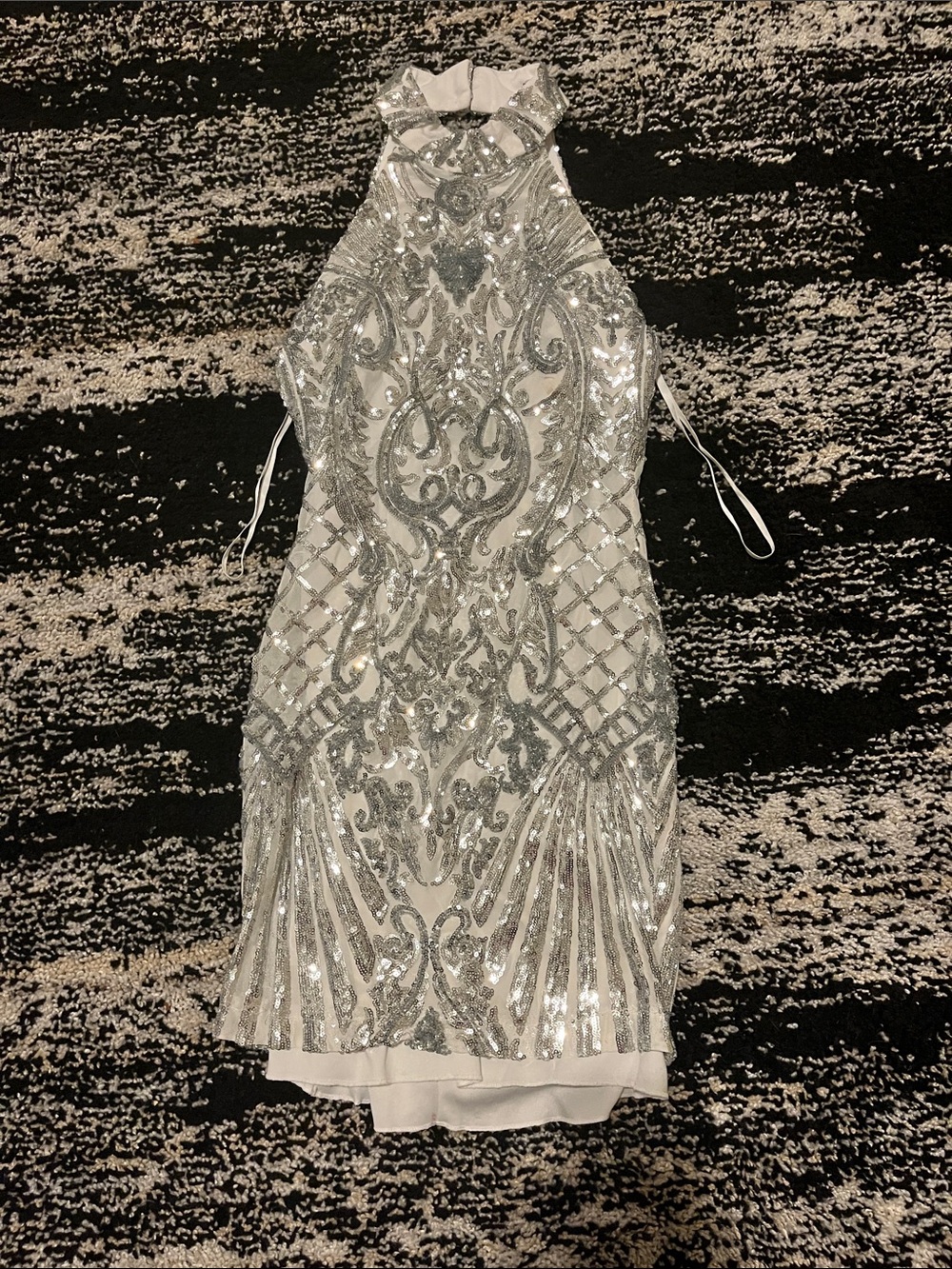 B Darlin Silver Sequin Strapless Halter Mini Dress